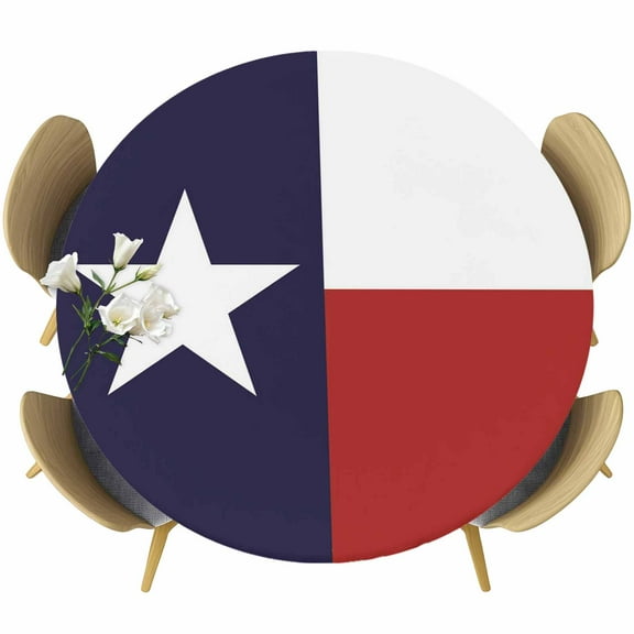 Texas Star Flag Round Fitted Table Cover Star and White Red Stripe Waterproof Table Cloth with Elastic Edge Wipeable Tablecloth for Picnic Camping Party Fits 55"-60" Diameter