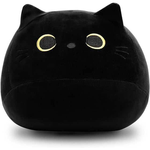Almohada de juguete de peluche de gato negro 3D, peluche gordo, almohadas Kawaii diseño en forma de gato decoración de cojín trasero Lumbar