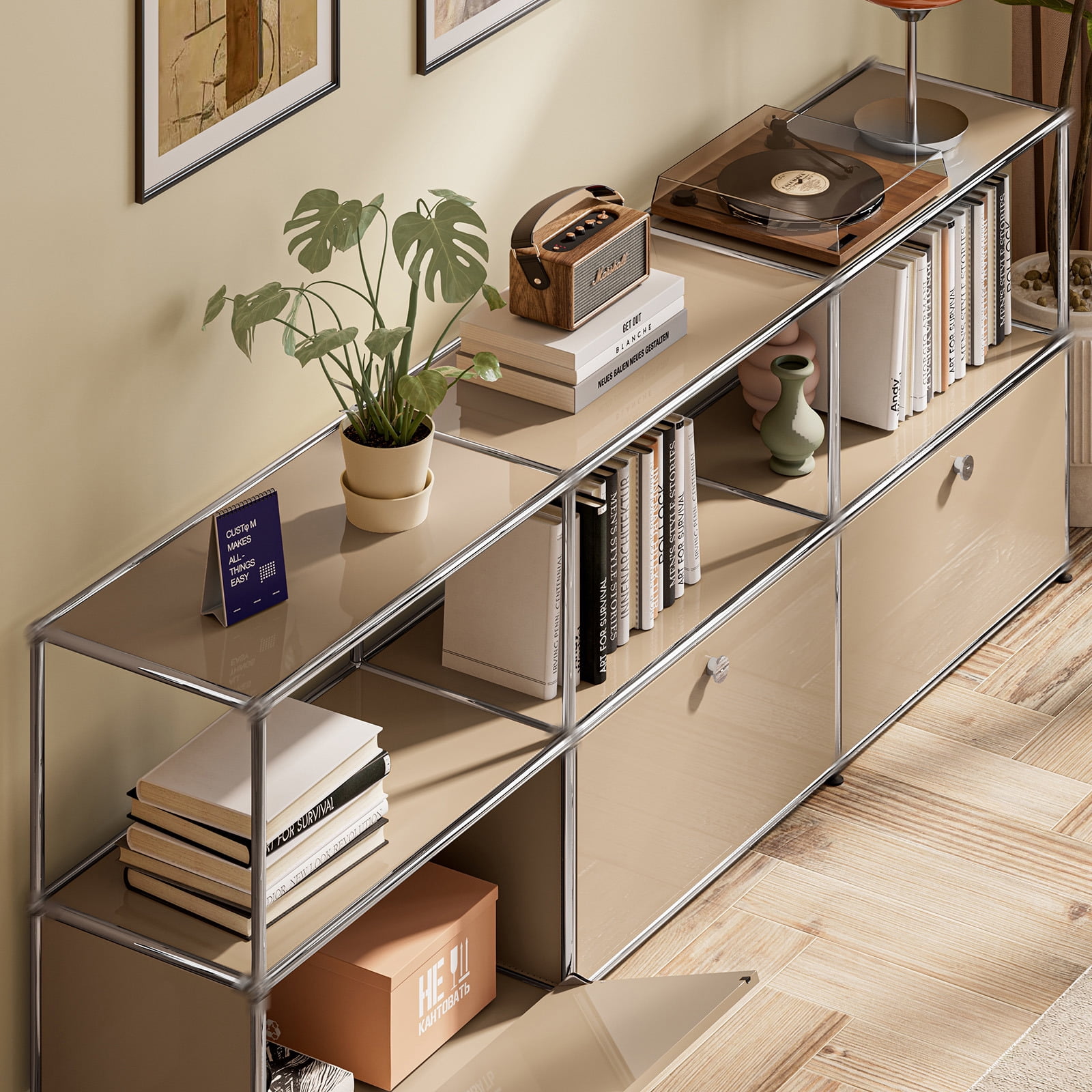 Freestanding Metal Storage Cabinet with 3 Doors and Shelves,Steel Locker Accent Cabinets for Living Room Bedroom,Brown