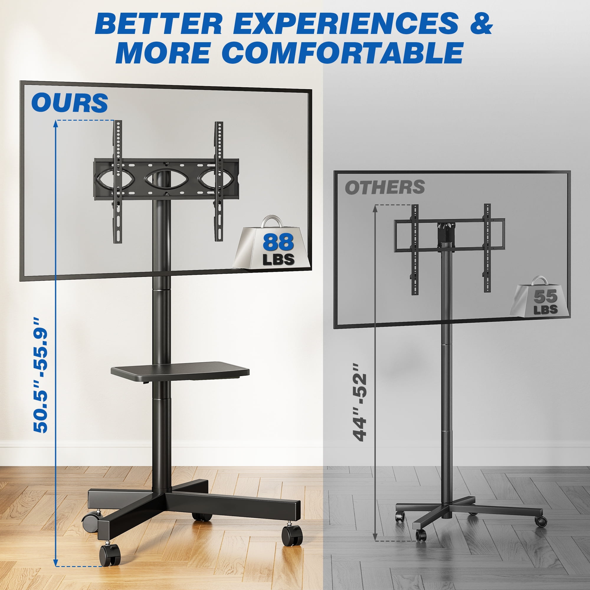TAVR Furniture Mobile Rolling TV Cart with Locking Wheels for 23-60 inch TVs, Adjustable Rolling Floor Stand TV Trolley Holds up to 88lbs