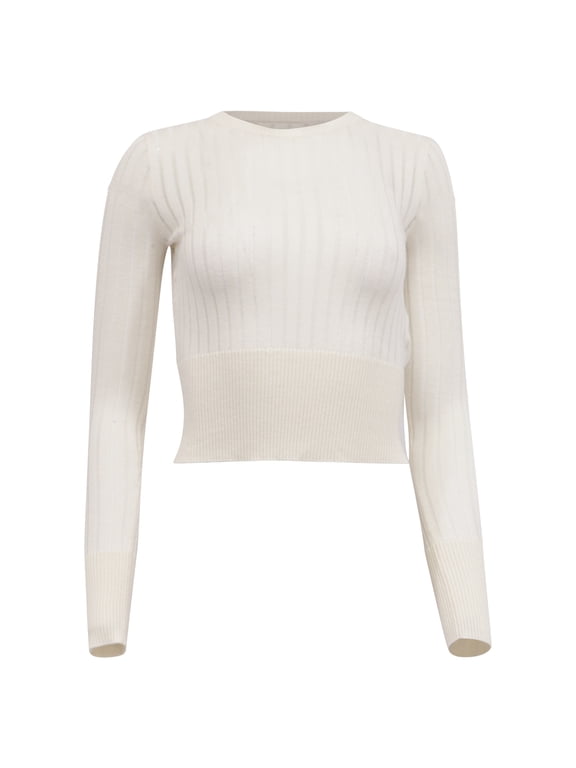 Pre-Owned Max Mara Studio Ribbed-Knit Cropped Sweater in White Silk