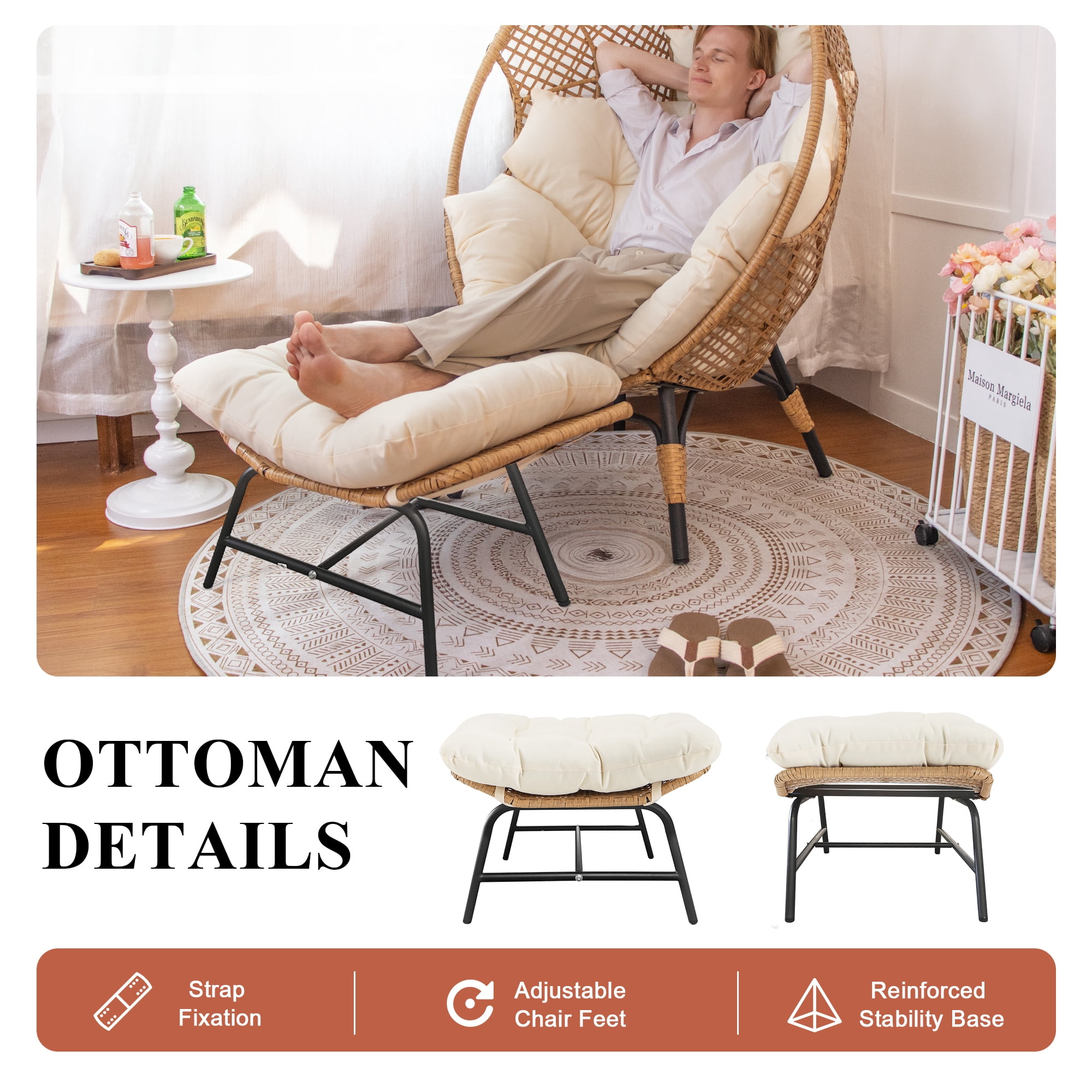 RADIATA Oversized Wicker Egg Chair with Ottoman, Rattan Lounge Chair for Indoor Outdoor Patio, 420lbs Capacity