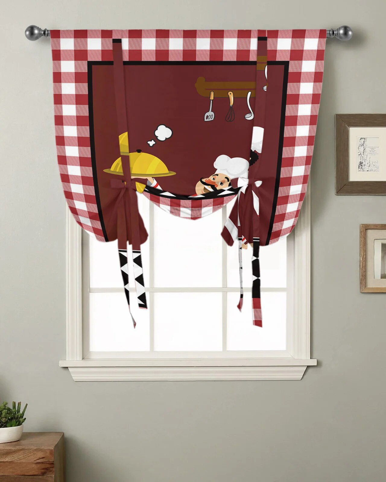 Red Plaid Chef Knife And Fork Window Curtain Tie Up Curtains for ...