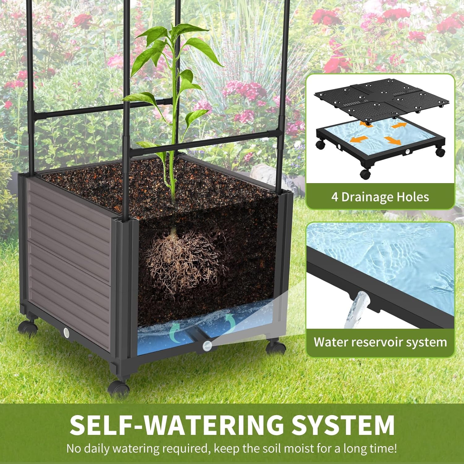 Slsy Raised Garden Bed Planter Box with Wheels, Tomato Cage Planter Raised Garden Bed with Trellis for Climbing Vegetables Plants Tomato Cage, Indoor Outdoor Use