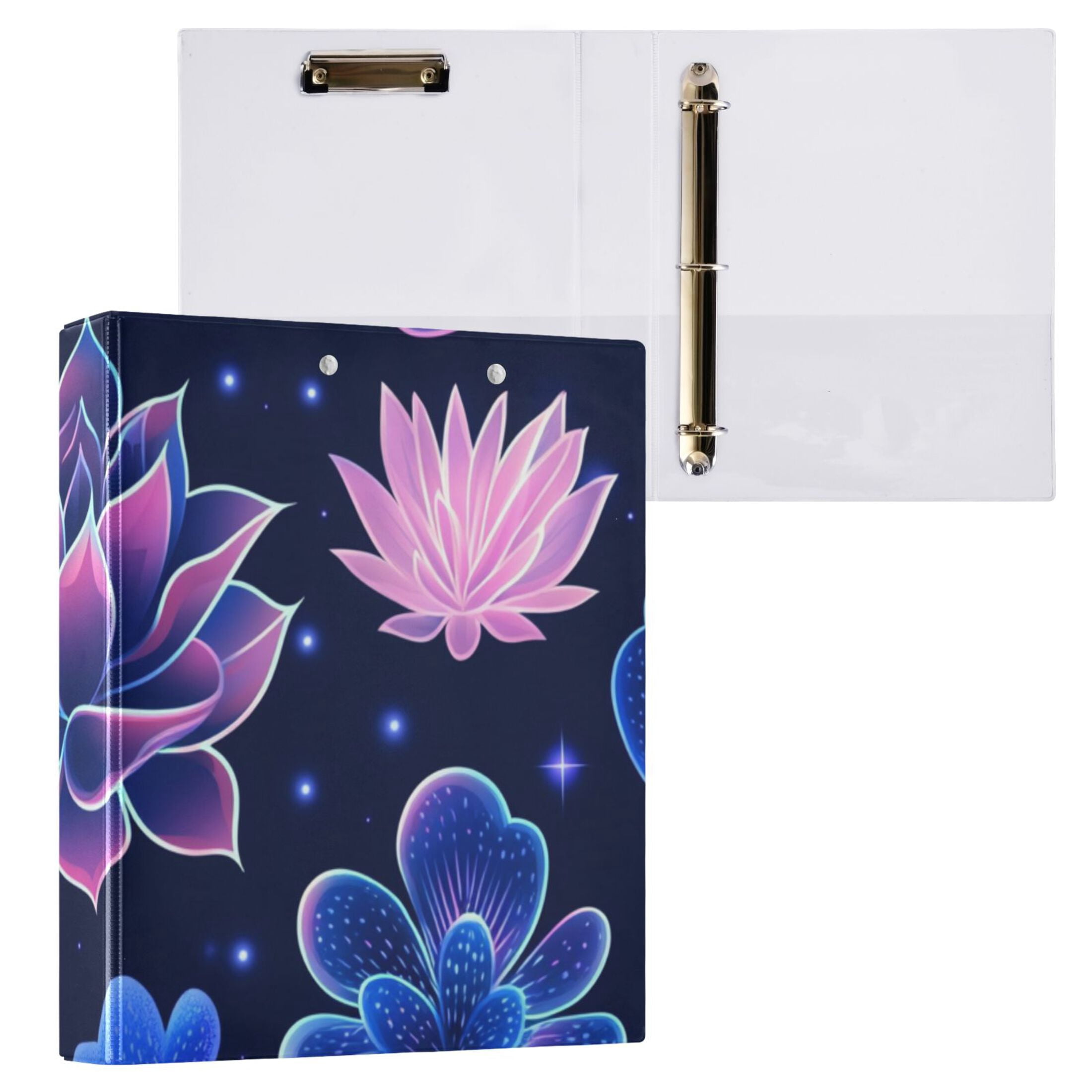 Blue Growing Flowers 3 Ring Binders 1.5 inch Hardcover File Folders with Interior Pockets A4 Size Organizer for School Office Hospital