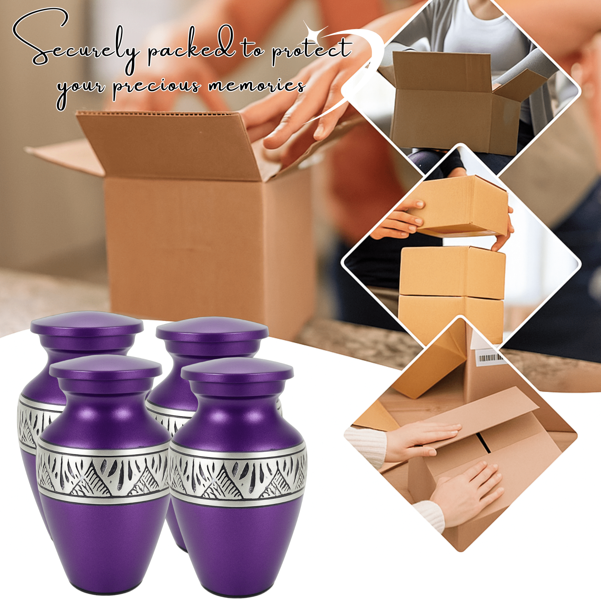 Nova Niche Small Purple Aluminium Cremation Urns for Human Ashes – Mini Memorial Keepsake Set of 4 with Velvet Case