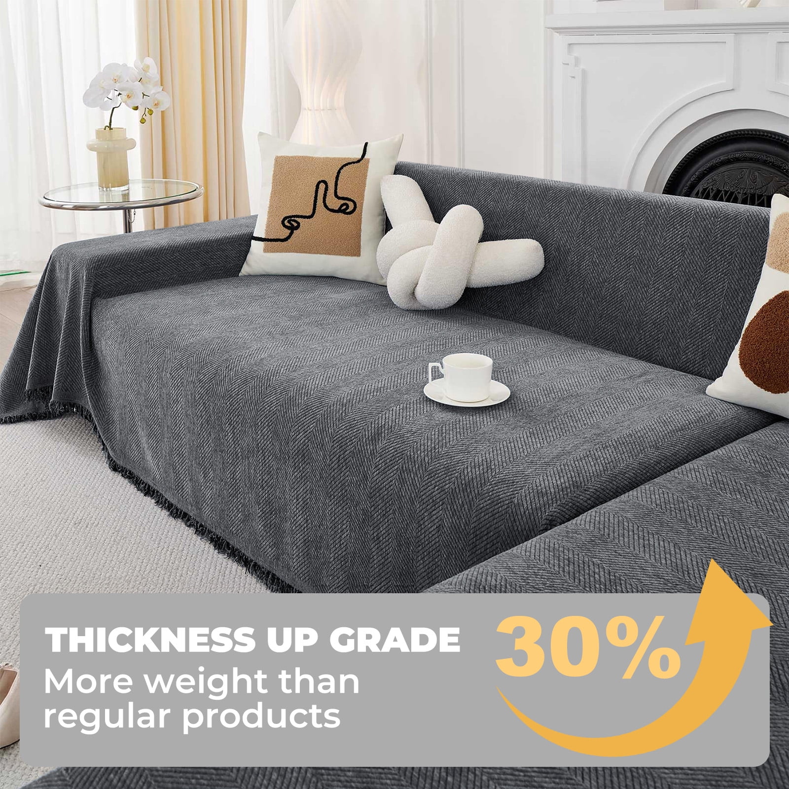 Sanmadrola Sofa Cover Non Slip Couch Cover for 3 Cushion Couch Machine Washable Furniture Protector for Dogs Pet Chenille Throw Slipcover Blanket for Living Room (Gray, 91"x134")