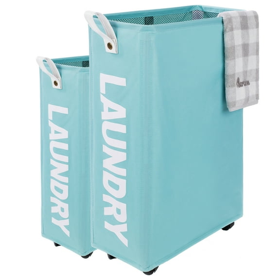 Caroeas x-Large Slim Laundry Baskets 27" Tall with Leather Handle, Laundry Basket on Wheels , Collapsible Laundry Hamper, Rolling Hamper Dorm Baskets (Light Blue)