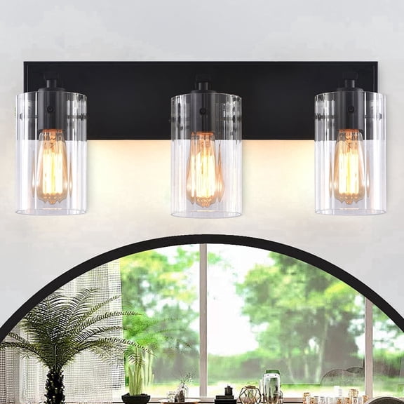 21" Modern Black 3-Light Reeded Glass Vanity Light Wall Sconce for Bathroom and Hallway
