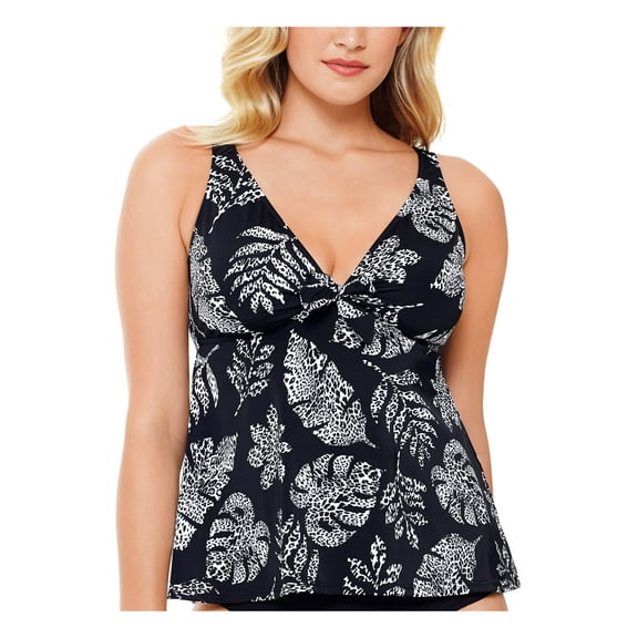 SWIM SOLUTIONS Women's Black Printed Stretch Lined Adjustable Underwire Tankini Swimsuit Top 10