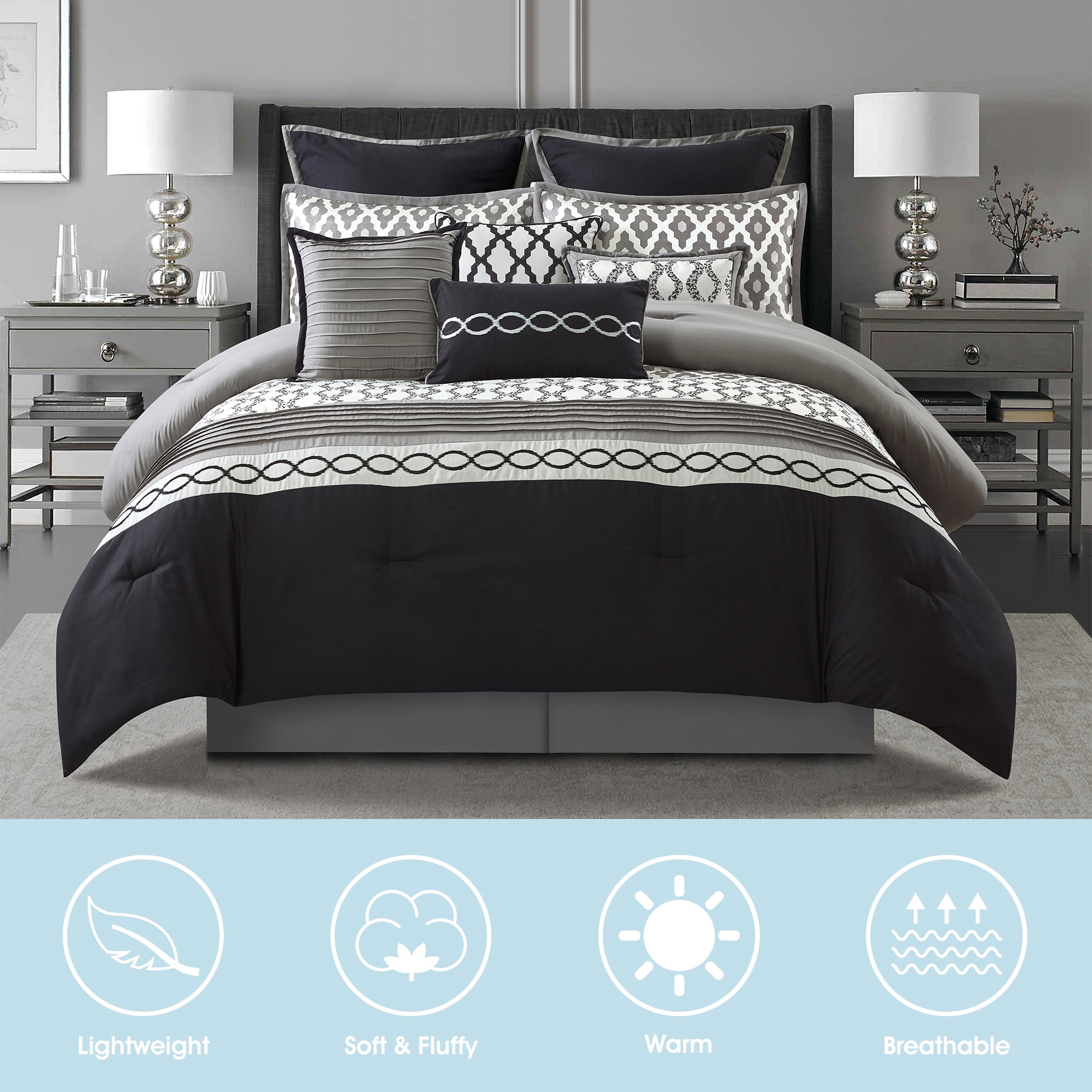 Lanco Geometirc California King Black Comforter Set, 10 Piece, Jacquard Bedding Comforters & Sets, Bedskirt, Pillows & Shams, Ultra-Soft