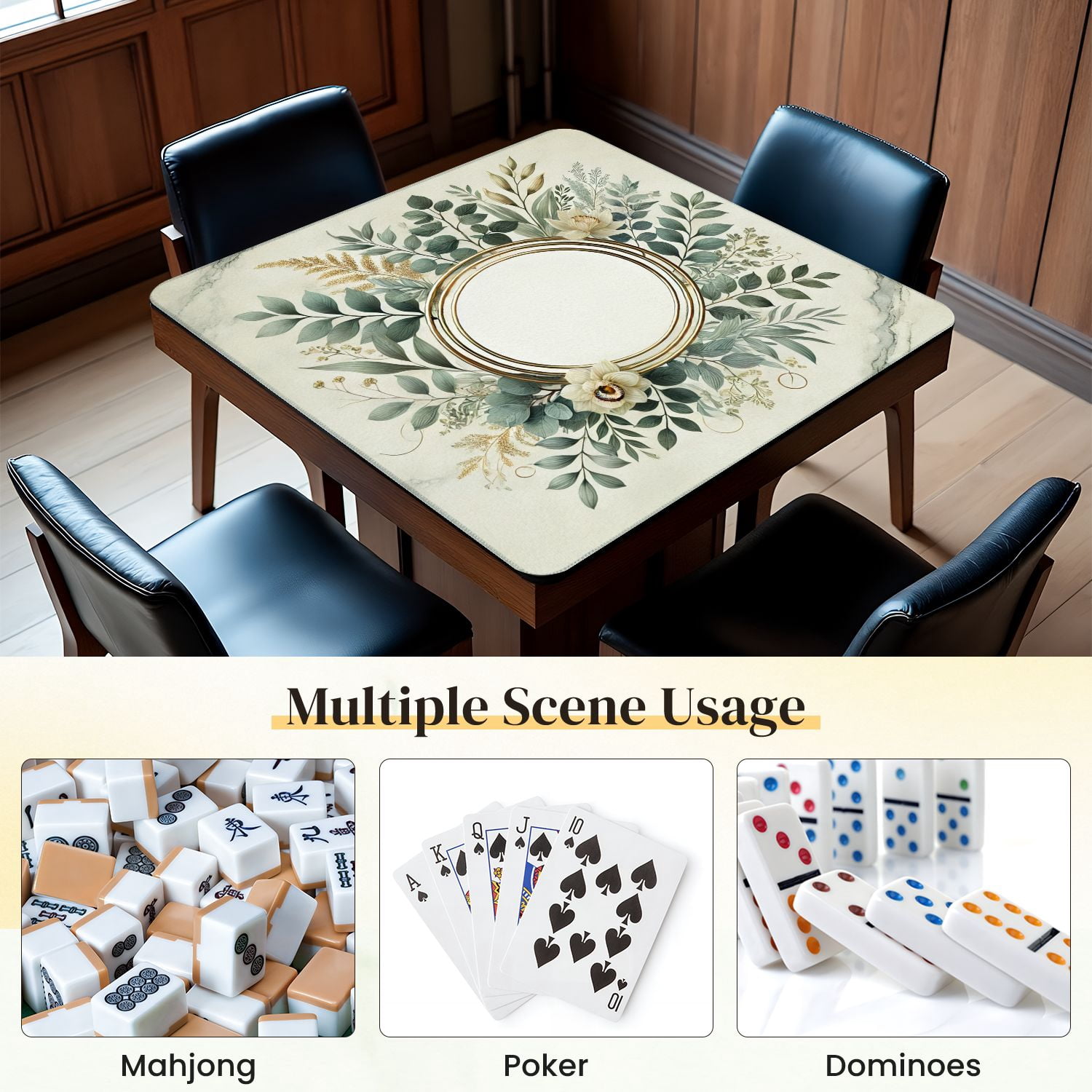 Mahjong Mat 31.5" x 31.5" Green Beige Floral Wreath Gold Circular Frame Botanical Non-Slip Noise Reduction Mahjong Tiles Table Cover for Dominoes Poker Card Board and Tile Games