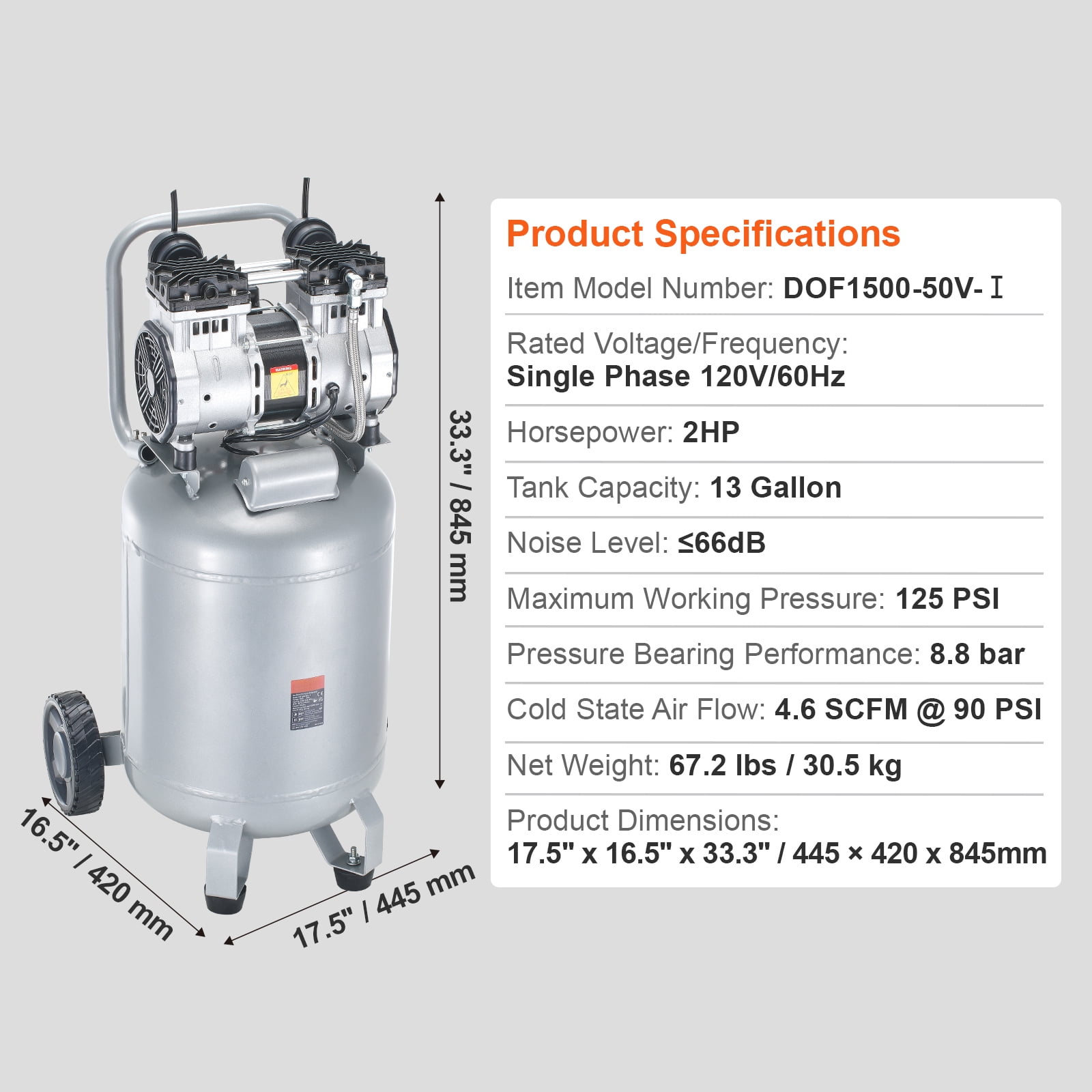 KFFKFF Air Compressor with 13 Gallon Capacity, 2HP 4.6 SCFM@90PSI Oil-Free, 66dB Ultra-Silent Operation, Suitable for Tire Pumping, Vehicle Maintenance, Woodwork Fastening, Spray Artistry