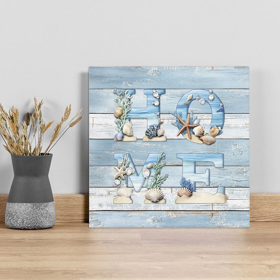 Coastal Summer Beach Wall Art Painting on Canvas, Blue Wooden Shell Ocean Canvas Art Home Prints Wall Art Framed Modern Artwork for Living Room Bedroom Wall Decor 16x16in