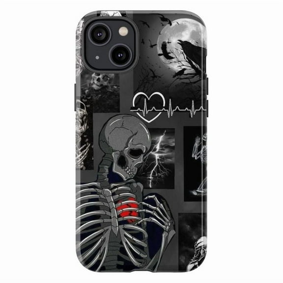 Dark Skeleton & Lightning Heartbeat Dual Layer Phone Case for iPhone 16 15 14 13 12 11 Pro Plus Mini, Halloween Phone Cover – Gothic Moody Aesthetic Gift Cover