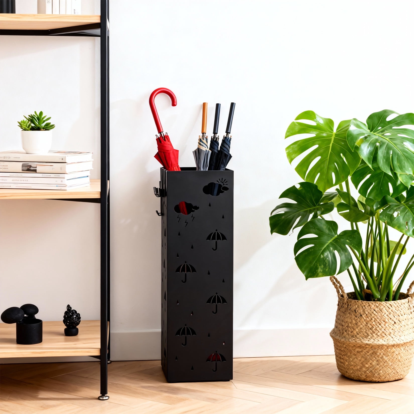 Garvee Metal Umbrella Stand for Entryway, Square Umbrella Holder with Removable Drip Tray and 4 Hooks, Heavy Duty Steel Umbrella Rack for Office, Home and Gift Wrap Tubes