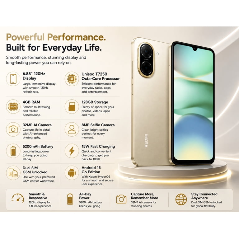Xiaomi Redmi A5 4G 128GB ROM 4GB RAM Dual SIM GSM Unlocked - Gold