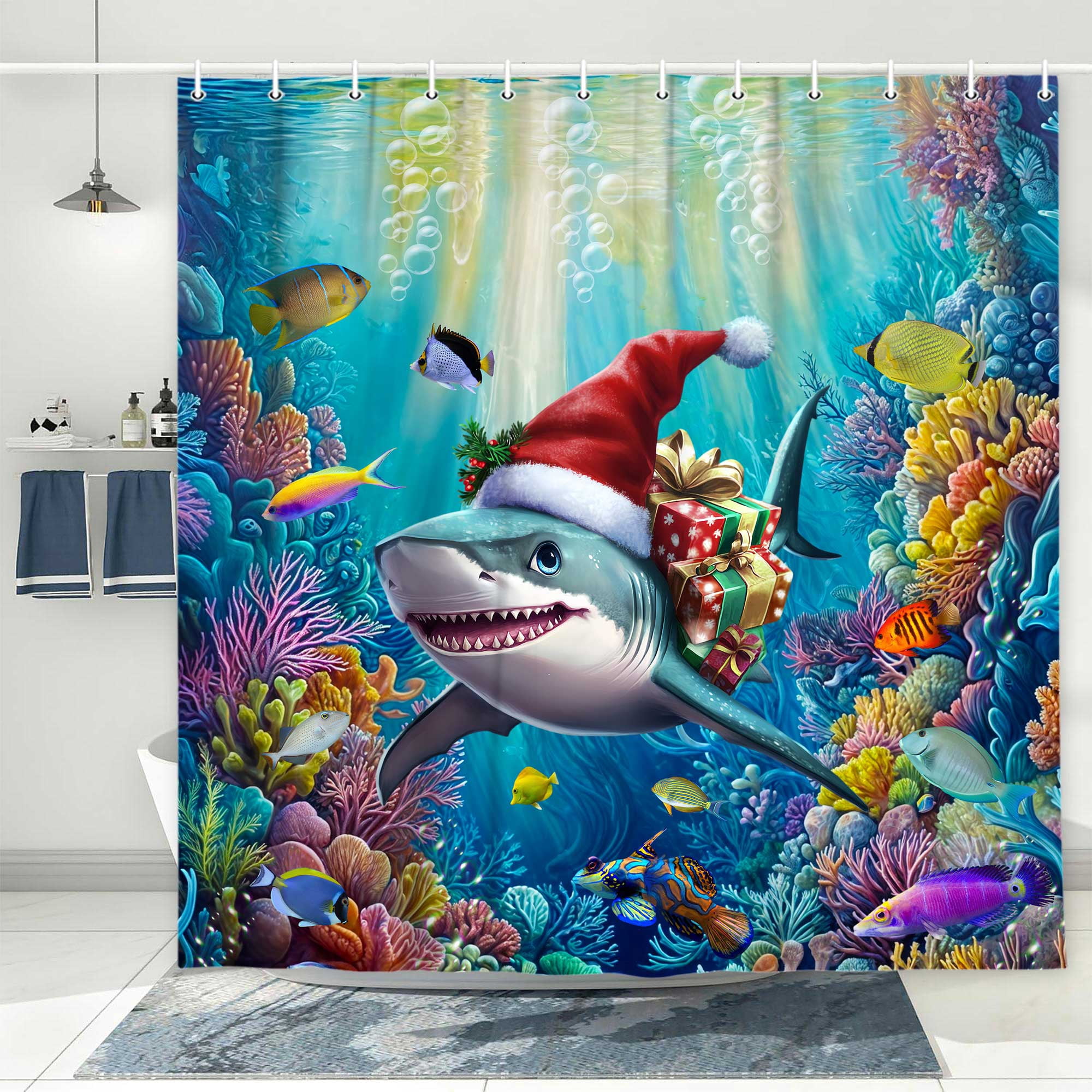 Funny Christmas Shark Shower Curtain, Underwater Ocean Fun Santa Hat Bath Curtain, Winter Kids Bathroom Accessories Colorful Tropical Fishes Coral Bathroom Curtains Set Hooks,72X72in