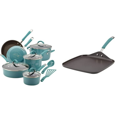 

GUVSOETS Nonstick Cookware Pots and Pans Set 12 Piece Agave Blue & Cucina Hard Anodized Nonstick Griddle Pan/Flat Grill 11 Inch Gray with Agave Blue Handle