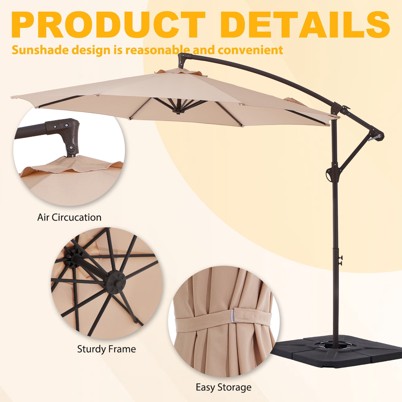 FUNDAZE 10ft Patio Umbrella, Hanging Cantilever Offset Outdoor Umbrella with Tilting for Deck Backyard, Base Sold Separately,Beige