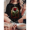 thumbnail image 1 of Camiseta de Mujer de Verano BásicaWomen's "Fresco Rose Words" Graphic Tee - Retro Minimalist Black T-Shirt with Stained Glass Rose Design, Casual & Comfortable Crew Neck, Sporty Short-Sleeved, Machi, 1 of 6