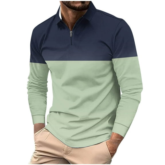 Fengactive Men's Plus Size Shirt Fashion Color Block Zipper Pullover Fall Turndown Collar Tops Casual Long Sleeve Loose T Shirts