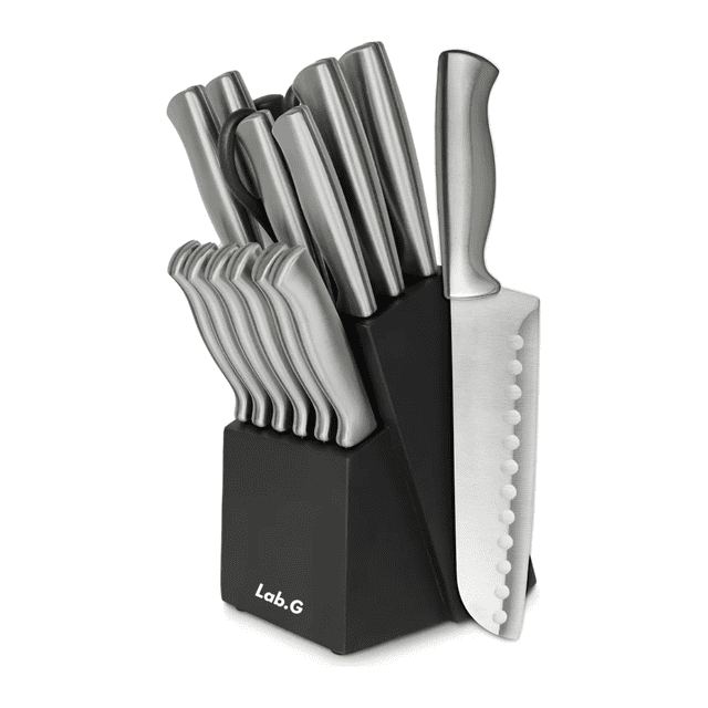 Cuchillos de Cocina de Acero Inoxidable (15 Pz) con Base de Madera Lab.G Negro, Plateado