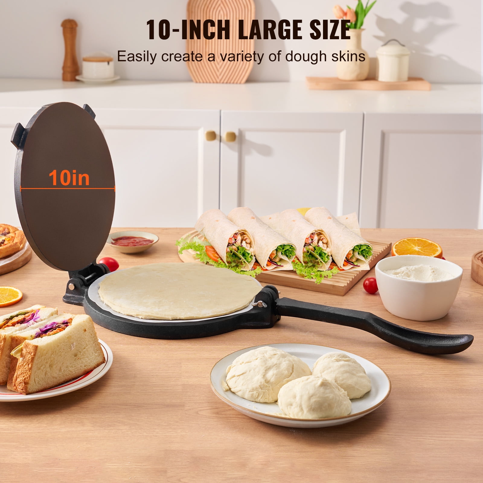 KFFKFF 10 Inch Tortilla Press Chapati Maker Roti Dough Maker Heavy Duty Cast Iron Includes 100 Pcs Parchment Paper