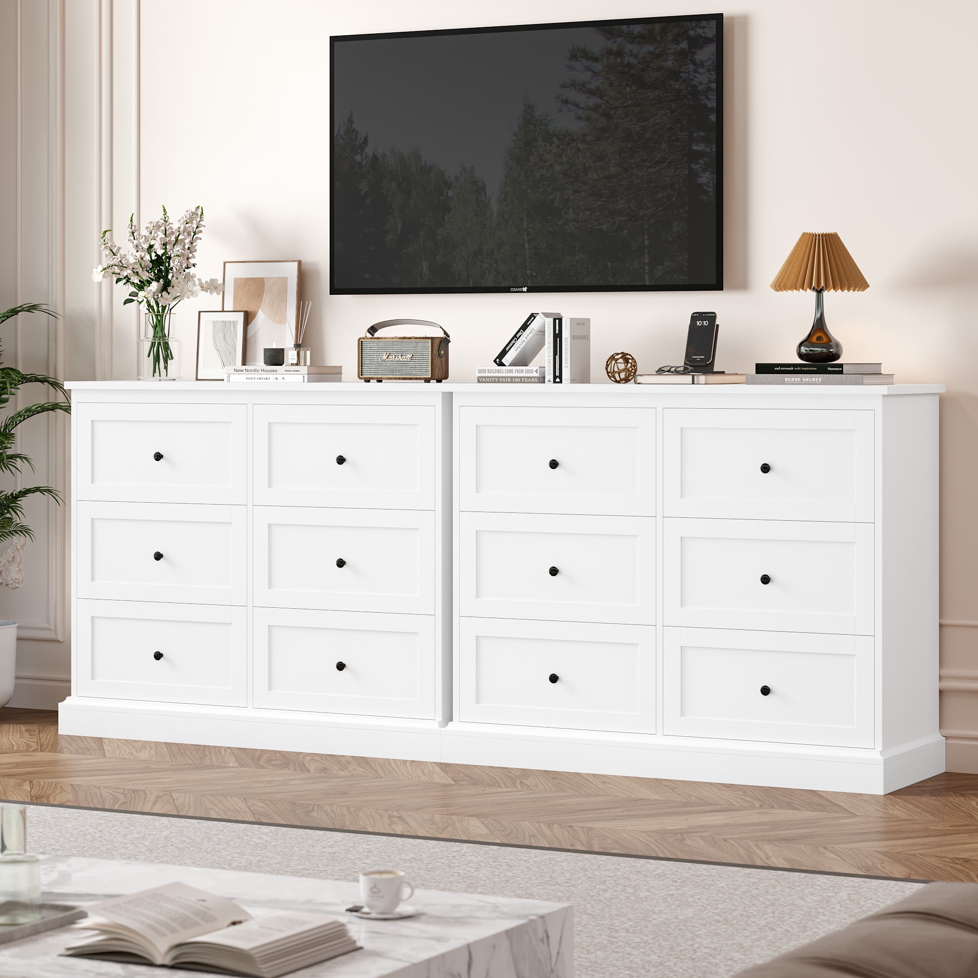 Homfa 6 Drawer Double Dresser White, Wood Storage Cabinet