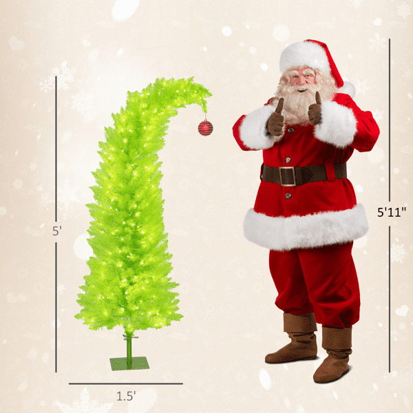 5FT Whimsical Pencil Christmas Tree, Pre-Lit with 200 Warm White LEDs, 438 Branch Tips, Metal Base for Small Spaces or Apartments