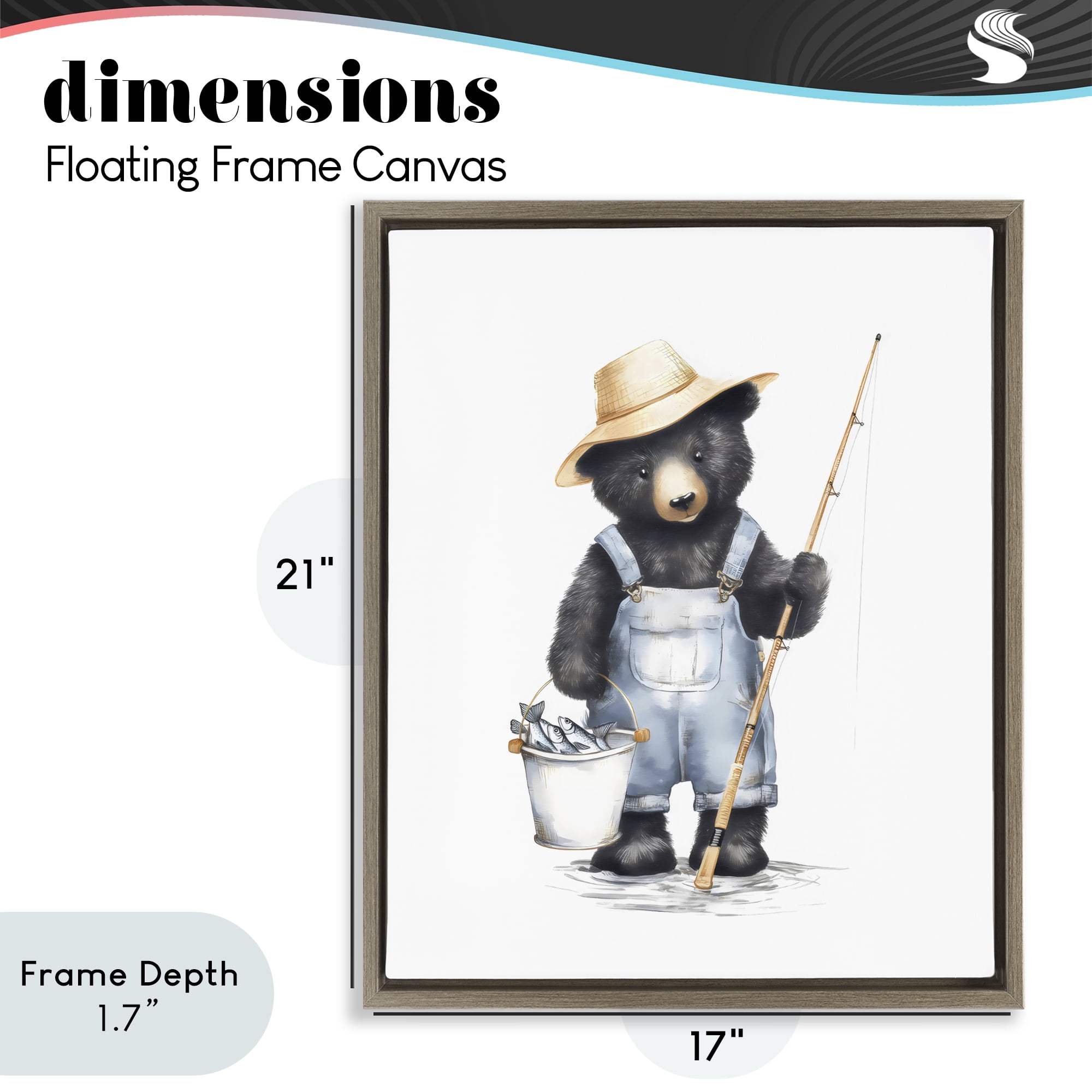 Stupell Industries Fishing Bear in Straw Hat Brown Framed Floater Canvas Wall Art, design by Arlington Prints