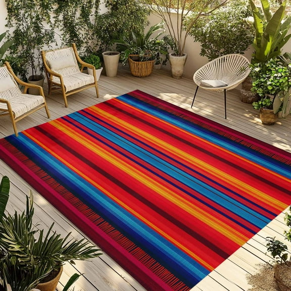 Fsddascl Colorful Striped Outdoor Rug for Patio/Deck/Porch, Non-Slip Large Area Rug 4 x 6 Ft, Farmhouse Modern Rainbow Lines Art Indoor Outdoor Rugs Washable Area Rugs, Reversible Camping Rug Carpet