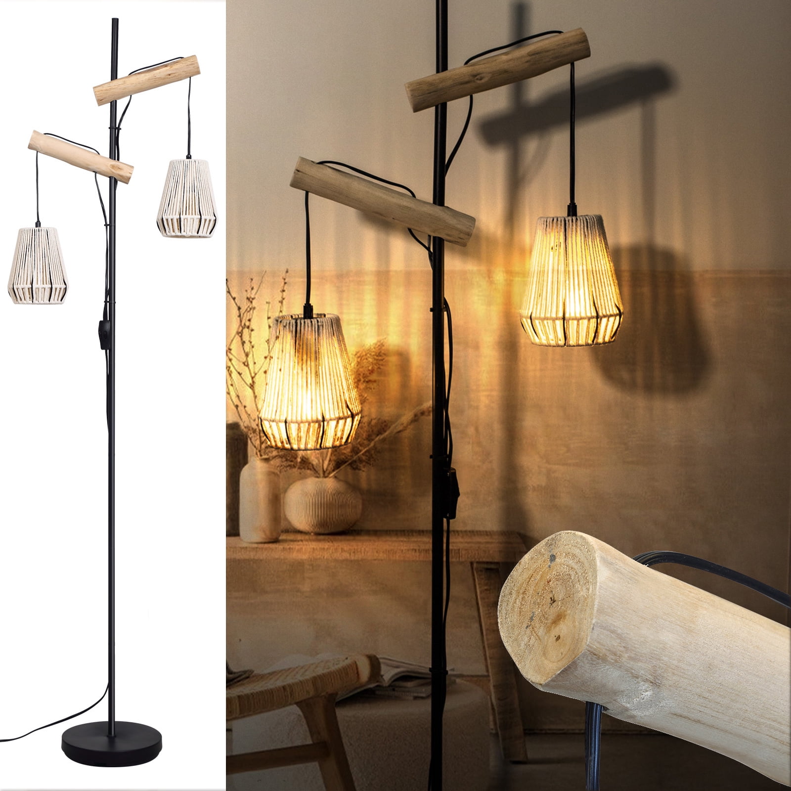 Floor Lamps Boho Farmhouse Hanging Floor Lamp in Natural Cotton Rope,Bohemian 2 Lampshades Handmade Rustic Stylish Floor Lamps for Bedroom Living Room Office Home Décor