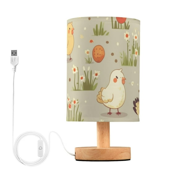 Chickens Flowers Table Lamp USB Bedside Desk Nightstand Lamp Printed Gifts Small Lamp Wood Base for Bedroom Living Room Kids Room College Dorm