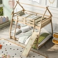 thumbnail image 3 of Tensun Twin over Queen House Bunk Bed: Low Frame with Climbing Net and Ramp for Boys, Girls, Teens - Ideal for Kids' Room, Dorms, Apartments - No Box Spring Needed - Easy to Assemble Natural, 3 of 5