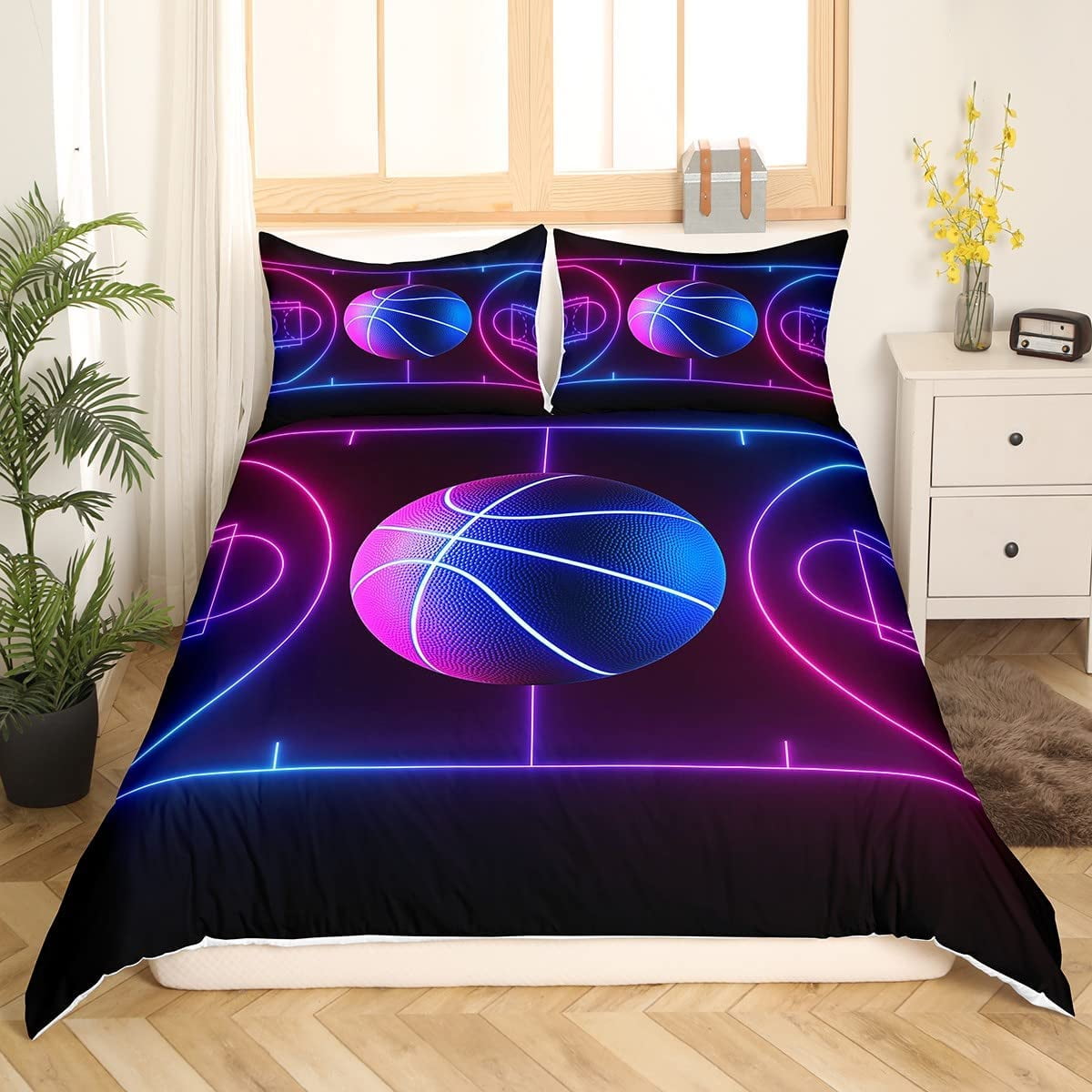 Htooq Kids Basketball Bedding Set For Boys Girls Children Ball Sports Comforter Cover Basketball Hoop Duvet Cover Room Decor Neon Light Geometry Bedsp