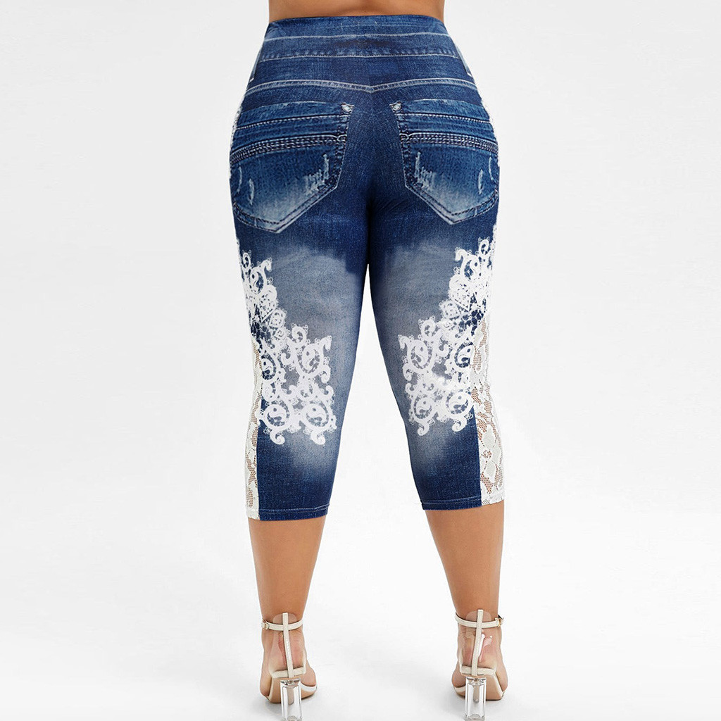 Frostluinai Plus Size Jeans Yoga Pants For Women Lace Printing Splice Elastic Capri Leggings Gym Cropped Compression Leggings Booty Lift Denim Jeggings - image 5 of 8