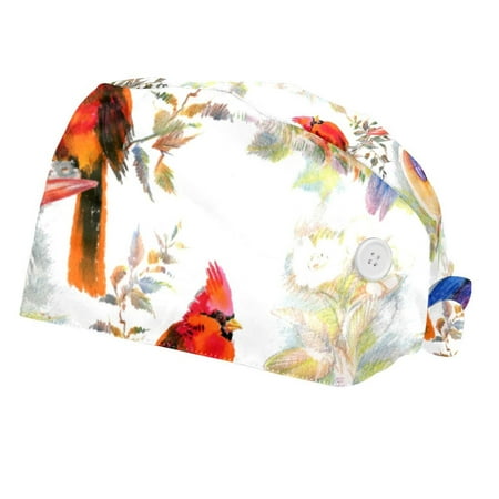 

2PCS Working Cap with Buttons and Sweatband Adjustable Tie Back Hats Bouffant Caps Birds and Flowers Scrub Turban Hat