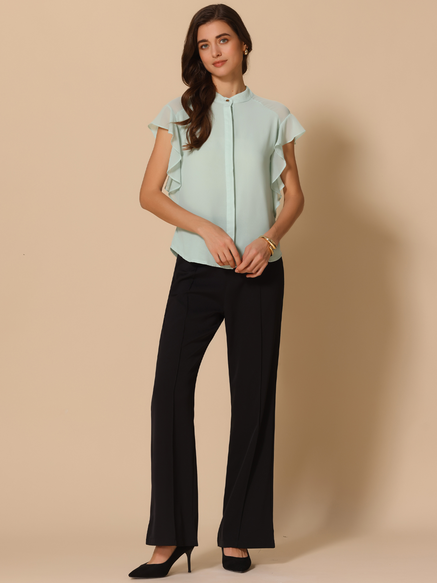 DARING DIVA Women's Stand Collar Ruffle Sleeve Blouse XL Green