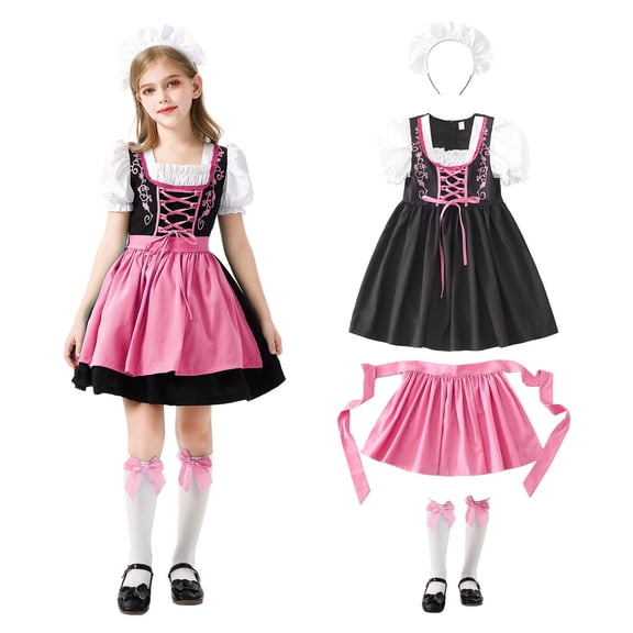 FYEGRE Bavarian Oktoberfest Dirndl Dress for Girls Elegant Traditional German Festival Party Fancy Outfit Casual Wear Hot Pink 9-10 Years