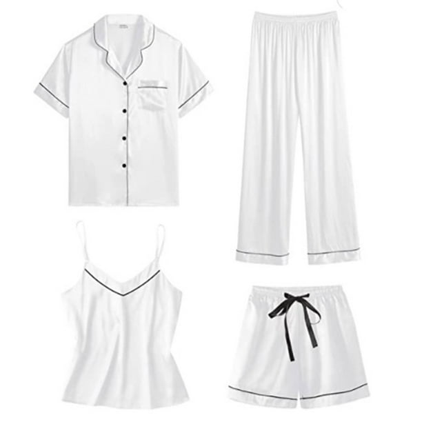 Batas Lencería Mujer Lindo Estampado de Corazón Satén Bata con Cinturón Camisola Pantalones Cortos Pijamas Mujer Pijamas