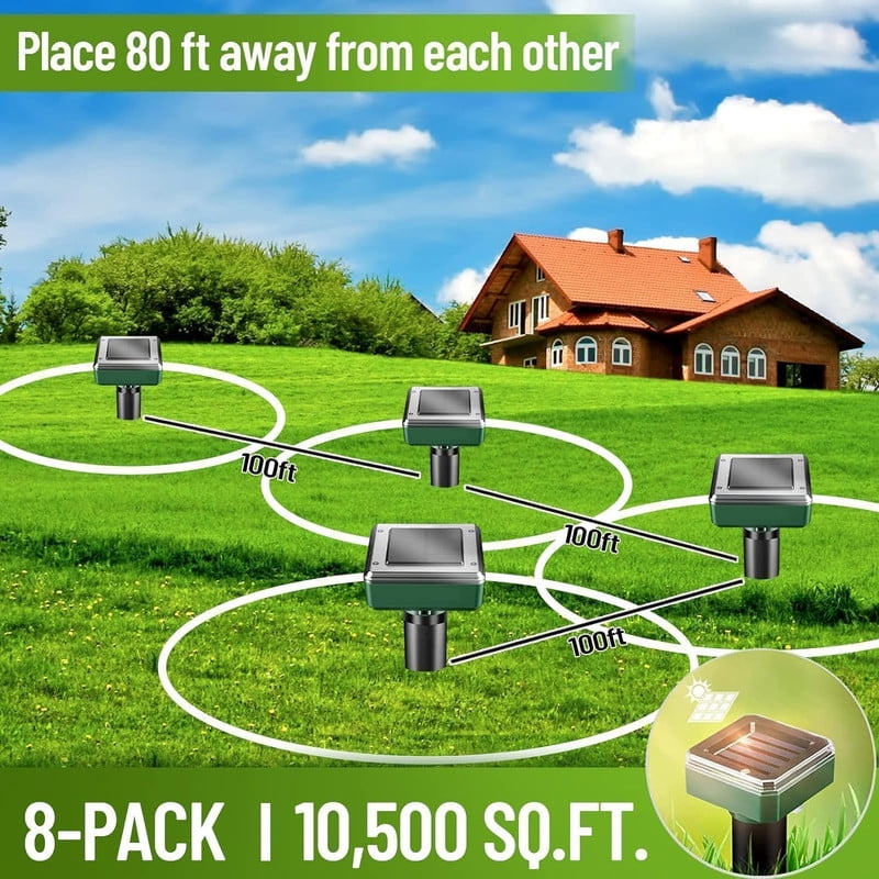 8 Pack Solar Powered Mole Repellent, Ultrasonic Outdoor Pest Repeller for Lawns & Gardens - Waterproof, Chipmunk, Vole, Gopher, Groundhog, Snake Deterrent