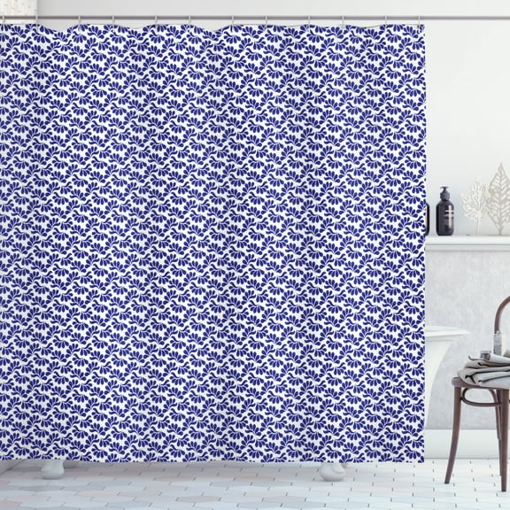 Abstract Shower Curtain, Illustration of Leafy Shapes Branches Ornamental Dutch Style, Fabric Bathroom Set with Hooks, 69W X 75L Inches Long, Persian Blue White, by Ambesonne