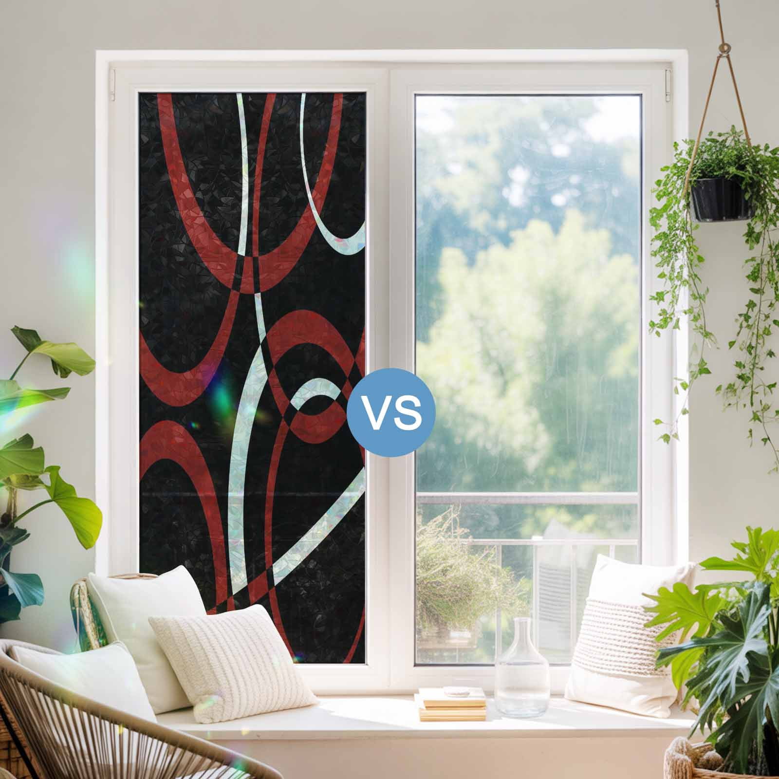 Red Geometric Window Privacy Film Stain Glass,Reusable Decorative Rainbow Window Film,Vintage Abstract Stripes Aesthetic Art Static Cling Sun Blocking Stickers Decals Covers 17.7" x 39.3" (2pcs)