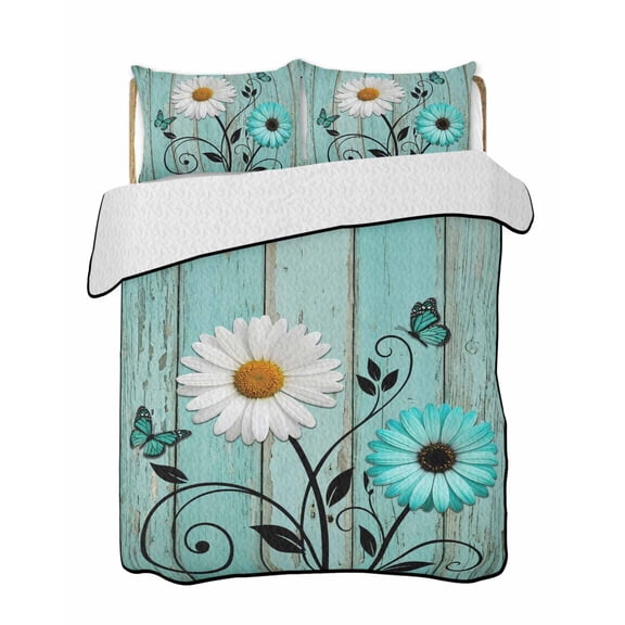 White Daisy Quilts Bedding Set Twin Size Teal Flower Wood Striped Butterfly Vintage Country Lightweight Quilted Bedspread 3 Piece Bed Quilt with 2 Pillow Shams All Season for Bedroom 68" x 86"