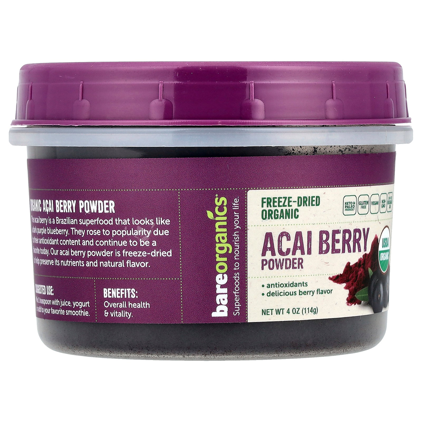 thumbnail image 3 of BareOrganics Freeze-Dried Organic Acai Berry Powder 4 oz Pwdr, 3 of 4