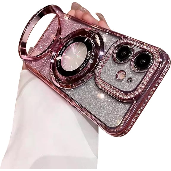 Magnetic Case for iPhone 12 with Holder Stand,Rhinestone Glitter Plated Bling Luxury Phone Case（Compatible with MagSafe） Shockproof Kickstand Design for iPhone 12-Pink