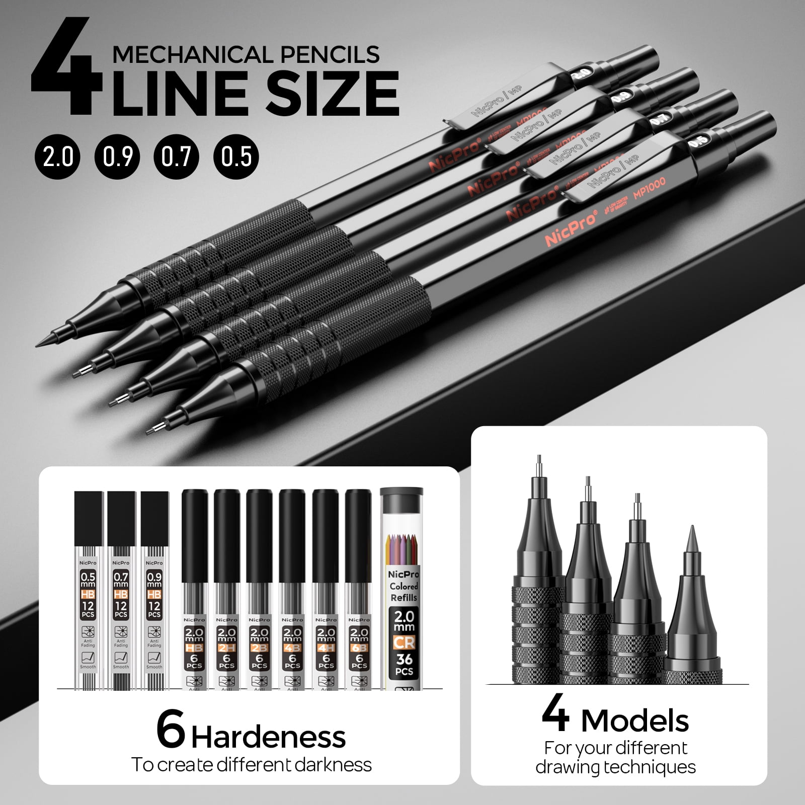 Nicpro 5 Pcs Black Metal Mechanical Pencils Set in Leather Case, Art Drafting Pencil 0.5, 0.7, 0.9 mm, 2mm Lead Pencil Holders with 16 Tube (6B 4B 2B HB 2H 4H Colors)Lead Refills