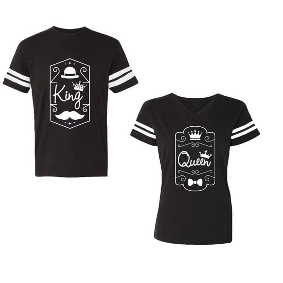 King Queen White Pentagon Unisex Couple Matching Cotton Jersey style T-Shirt Contrasting stripes on sleeves (Men Black / Women Black) (Men S / Women S)