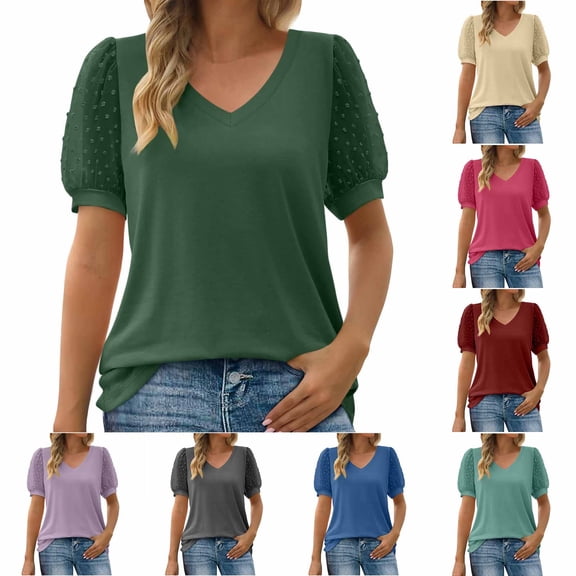 Summer Plus Size Tops for Womens 2025 Fashion Causal Vintage Solid Color Blouse Short Sleeve T-Shirt Top